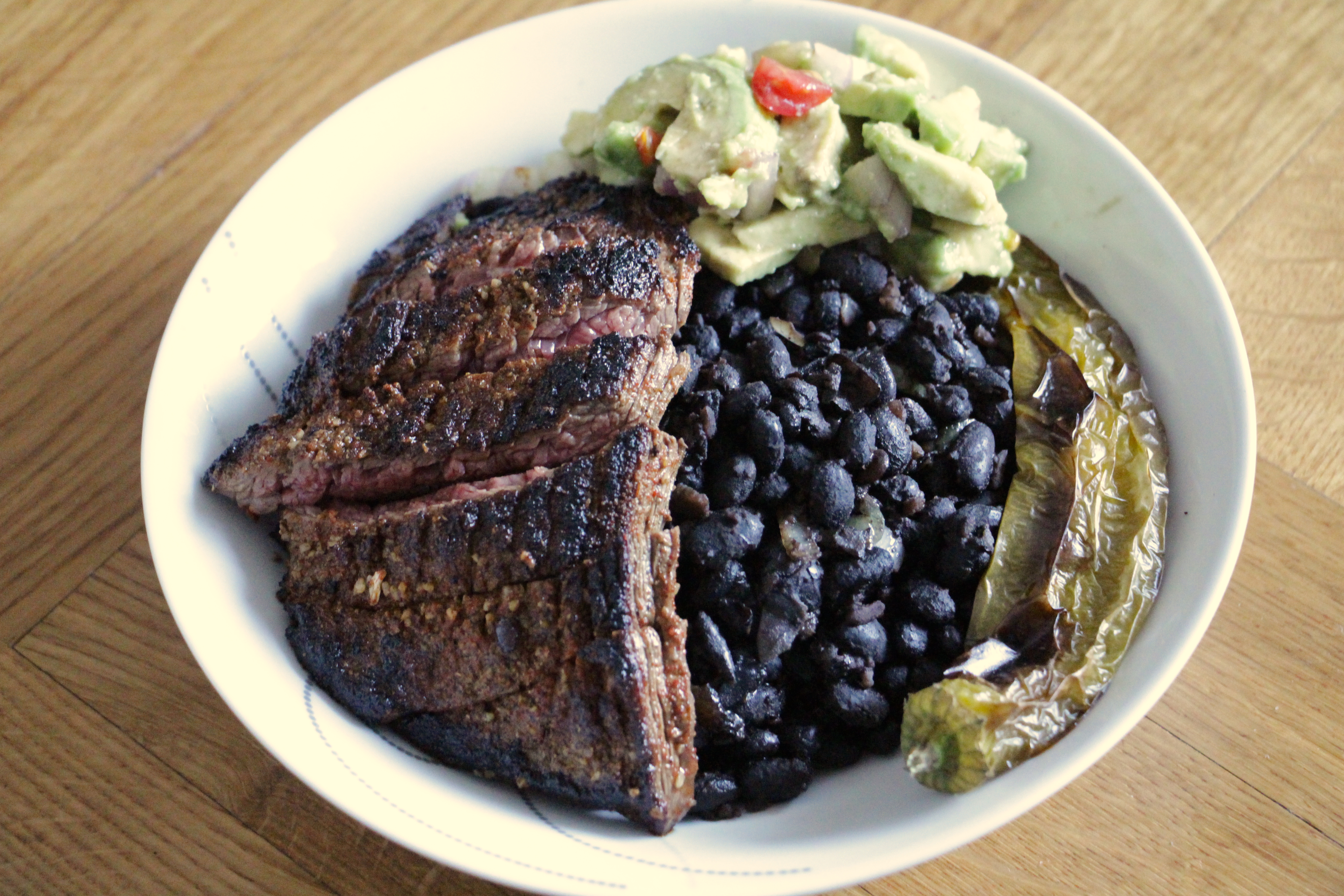 steak and bean bowl with guacamole